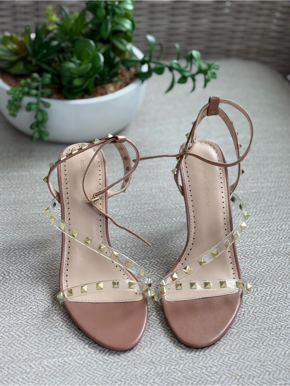 Adrienne Vittadini Nude Tan Stud-Trim Clear Strap Ankle-Tie Heels